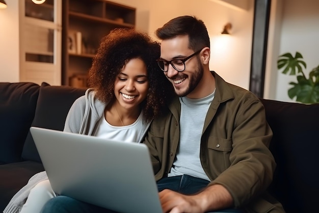 Un couple multiracial heureux participe à une formation en ligne avec un ordinateur portable sur le canapé