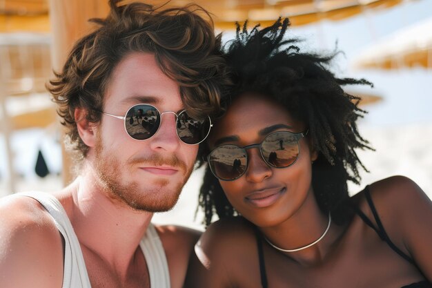 Photo un couple multiracial en vacances sur la mer posant au bord de la mer