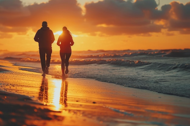 Photo un couple mûr faisant du sport sur la plage au coucher du soleil.