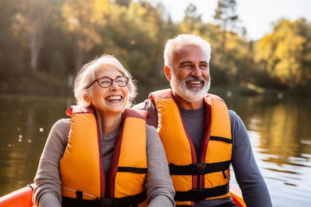 Un couple mûr et heureux en gilets de sauvetage à bord d'un canoë ou d'un bateau sur un lac forestier