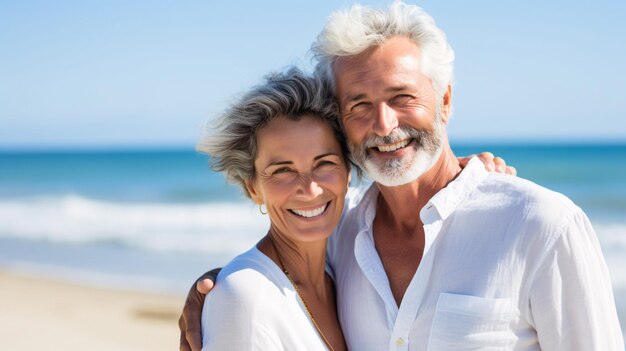 Un couple mûr et heureux sur la plage.