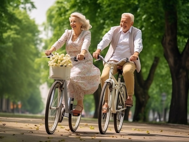 Un couple mûr heureux à vélo dans le parc a généré ia