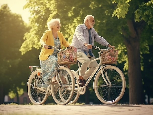 Un couple mûr heureux à vélo dans le parc a généré ia