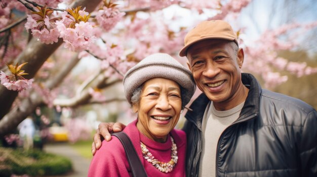 Un couple mûr et joyeux entouré de fleurs de printemps roses partageant un moment.