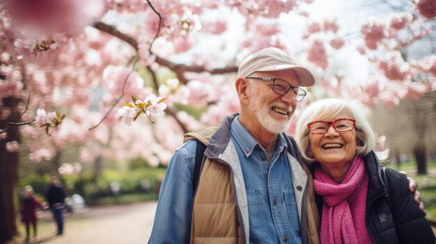 Un couple mûr et joyeux entouré de fleurs de printemps roses partageant un moment.