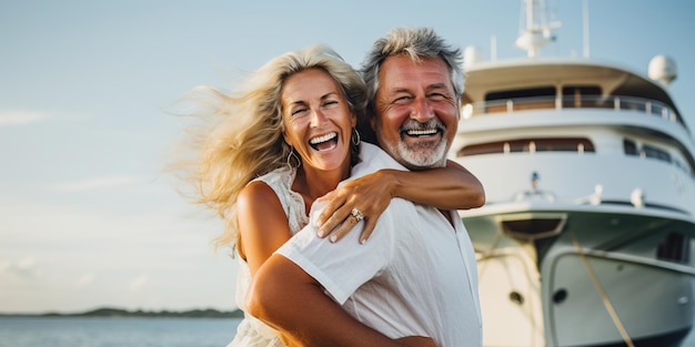 Un couple mûr et joyeux près de leur yacht sur la plage, l'homme porte la femme sur le dos, incarnant le bonheur et des années d'expérience.