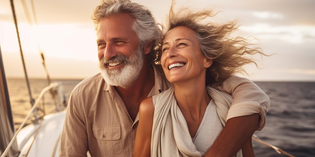 Un couple mûr et joyeux près de leur yacht sur la plage, l'homme porte la femme sur le dos, incarnant le bonheur et des années d'expérience.