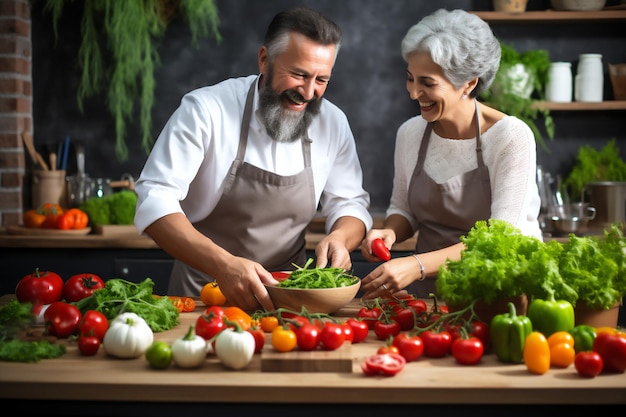 un couple mûr souriant cuisinant ensemble avec une table pleine de légumes et de légumes verts