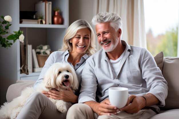 Photo un couple mûr vêtu de vêtements décontractés se câline avec son chien et boit du café dans le salon.