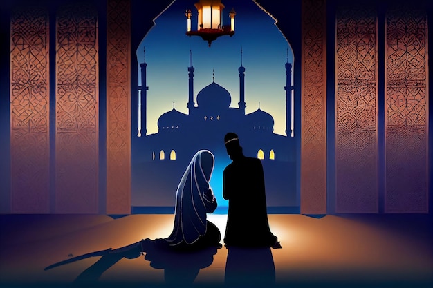 Couple musulman assis devant une mosquée Ramadan Kareem Concept générative ai