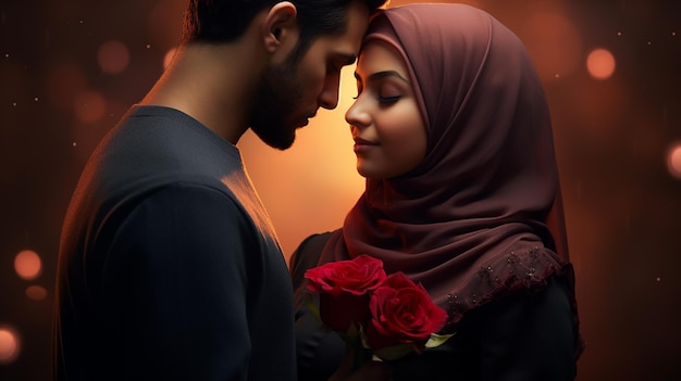 couple musulman avec une rose rouge et un bokeh sur fond brun