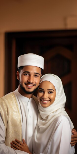 Un couple musulman s'embrassant dans des vêtements traditionnels