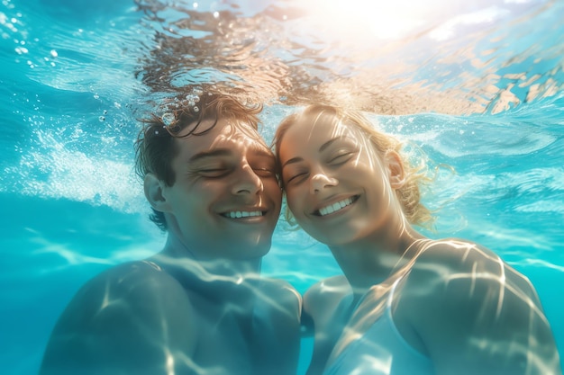 Un couple nage sous l'eau, ils sourient et regardent la caméra.
