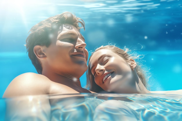 Couple nageant dans une piscine avec le soleil qui brille sur eux