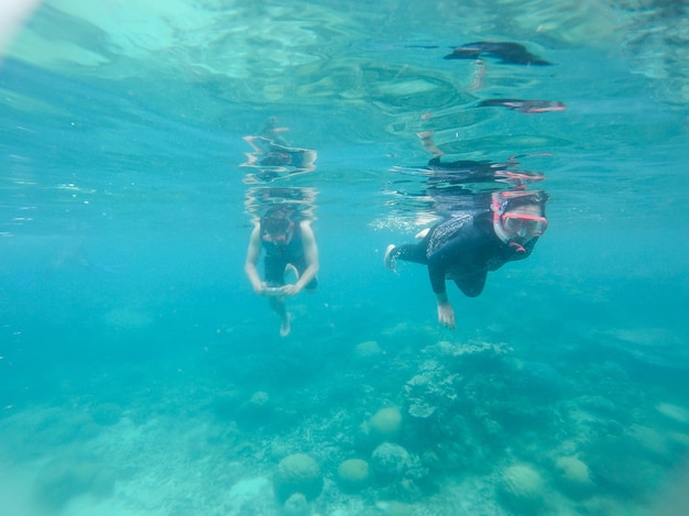 Un couple nageant sous l'eau avec vue sur le corail sous la mer de Karimun Jawa