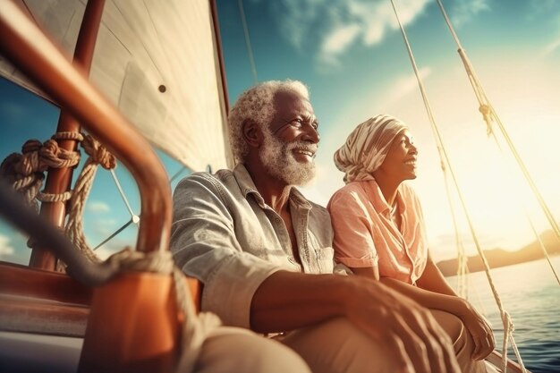 Photo un couple noir âgé est assis dans un bateau ou un yacht sur la toile de fond de la mer des gens heureux et souriants un voyage sur un yacht à voile voyage en mer loisirs actifs l'amour et la romance des personnes âgées