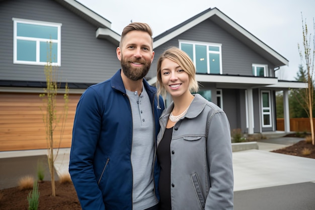 Un couple noir heureux devant leur maison.