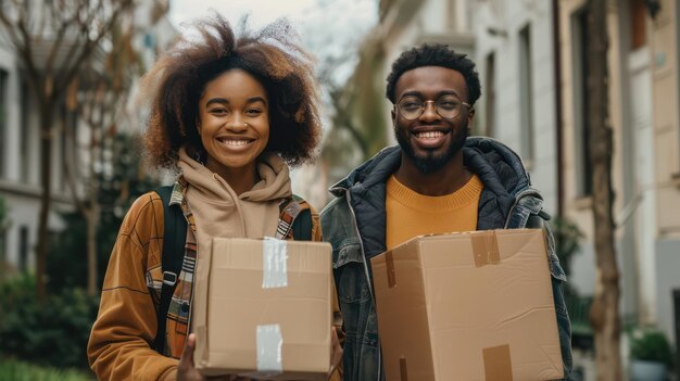 Un couple noir heureux et souriant déménage dans une nouvelle maison tenant des boîtes à la main.