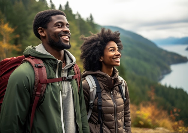 Un couple noir profitant d’une randonnée dans la nature