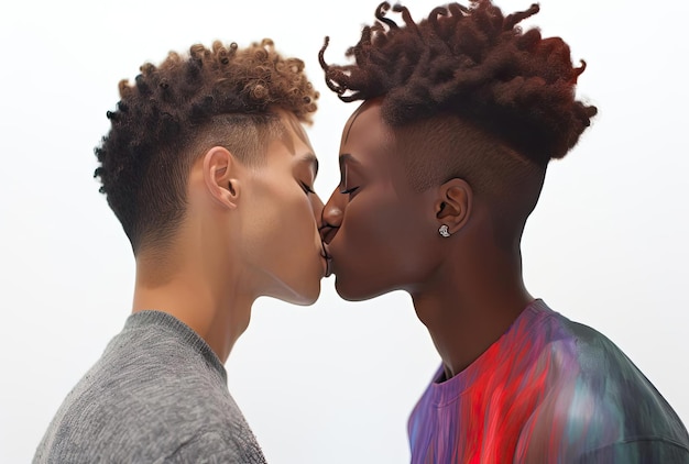 un couple noir s'embrassant devant un fond blanc dans le style de thèmes homosexuels