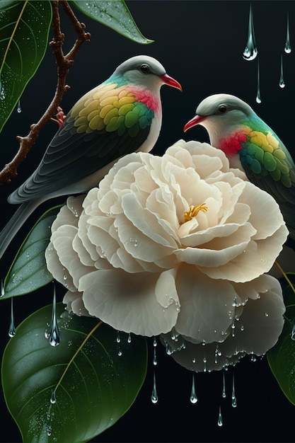 Couple d'oiseaux assis au sommet d'une ai générative de fleur blanche