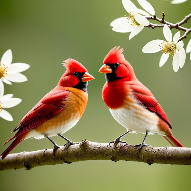 Couple d'oiseaux cardinaux romantiques sur branche Generative AI
