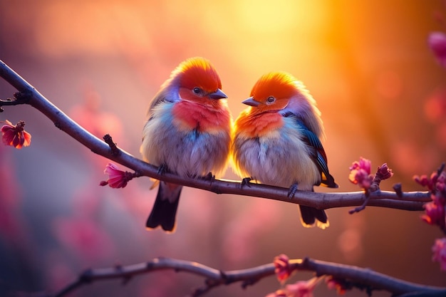 Un couple d'oiseaux colorés assis ensemble sur une branche au coucher du soleil