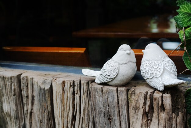 Couple, oiseaux, deux, blanc, oiseaux, statues, sur, bois, près, fenêtre