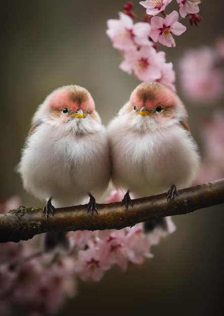 Un couple d'oiseaux avec leurs têtes ensemble sur une branche.