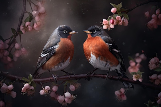 Couple d'oiseaux perruches romantiques sur une branche Concept d'amour Generative AI