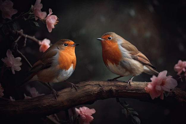 Couple d'oiseaux perruches romantiques sur une branche Concept d'amour Generative AI