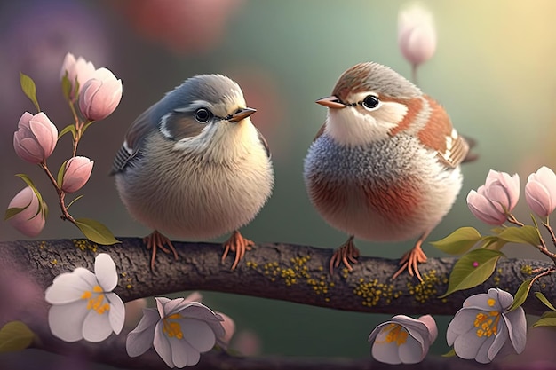 Couple d'oiseaux pinsons romantiques sur une branche Concept d'amour Generative AI