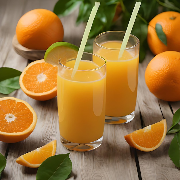 un couple d'oranges sont sur une table en bois avec des feuilles et une paille