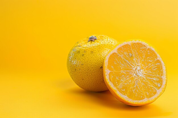 Un couple d'oranges sur une table jaune