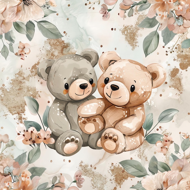 Couple d'ours en peluche mignon Illustration de modèle de fleur en marbre