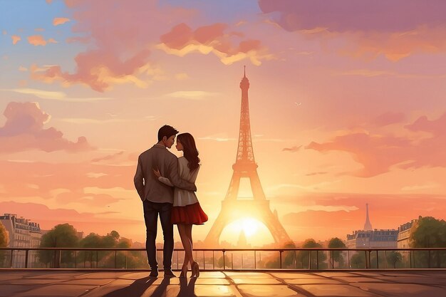 Un couple à Paris au coucher de soleil romantique