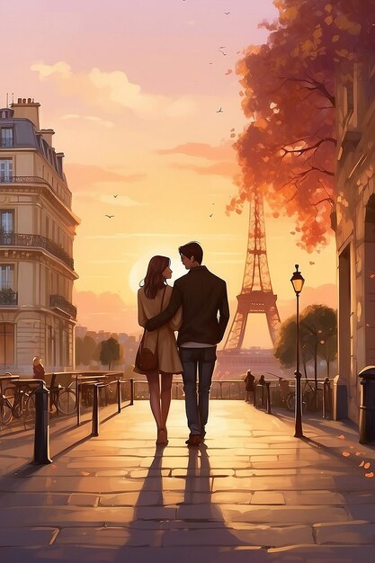 Un couple à Paris au coucher de soleil romantique