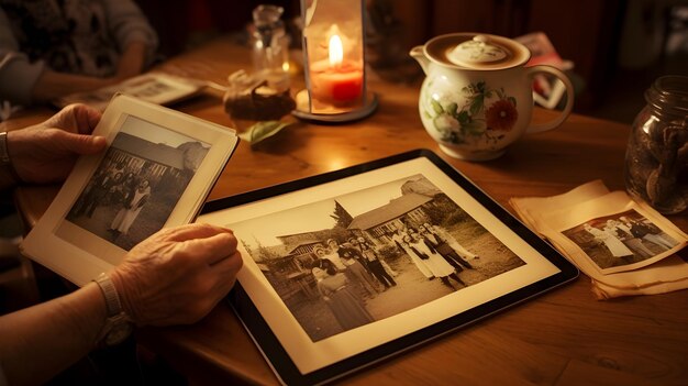 Un couple partage un album photo numérique de leurs voyages sur une tablette