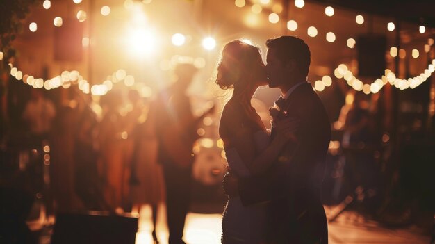 Un couple partage une première danse romantique avec un groupe en direct jouant en arrière-plan et des invités