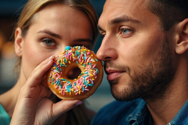 Photo un couple partageant un donut