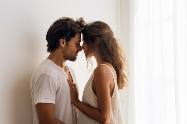 Un couple partageant un moment romantique capturé contre un mur blanc