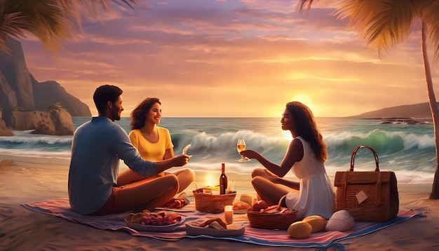 Un couple partageant un pique-nique romantique au coucher du soleil au bord de la plage avec des vagues s'écrasant doucement en arrière-plan