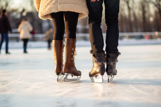 Couple de patineurs sur glace sur patinoire photographié de près