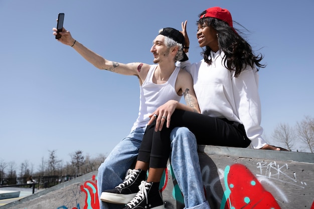 Photo couple de patineurs portant un chapeau de camionneur