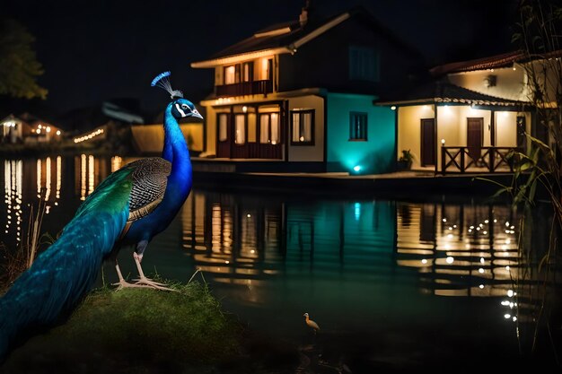 Photo un couple de pavons se tiennent sur l'herbe près d'une maison