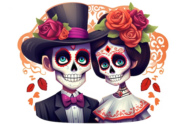 un couple personnage dia de muertos isolé fond blanc