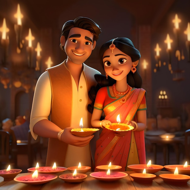 Couple de personnages 3D célébrant Diwali et Karwa Chauth