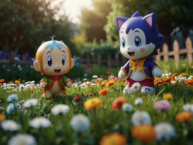 Un couple de personnages de dessins animés dans un jardin avec des fleurs