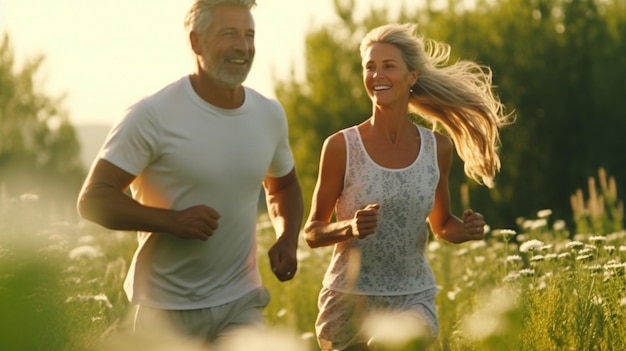 Un couple de personnes âgées actives et en bonne santé qui courent dans un environnement naturel un matin d'été