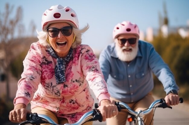 Couple de personnes âgées actives à vélo avec casque IA générative